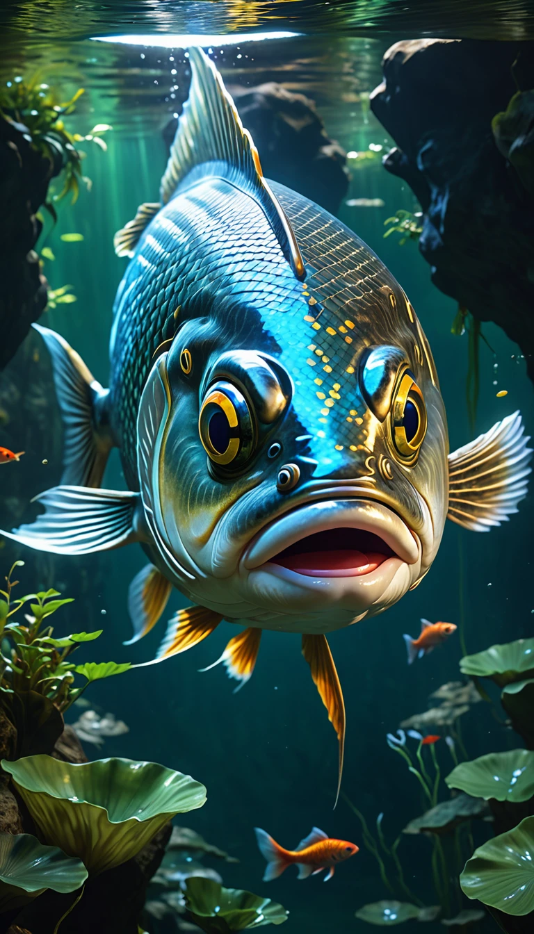 Mythical creatures in Shan Hai Jing，A fish with a human face swimming in the river，Highly detailed，4K，8K，high resolution，masterpiece，Ultra Detailed，lifelike，Photo Realism，照片lifelike，Extremely detailed animals，Complex patterns，The Illumination of Reality，Fantasy creature composition