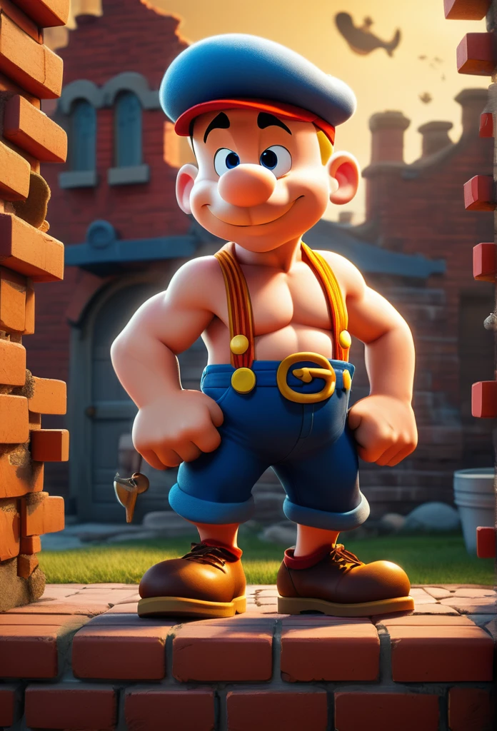 ((High-resolution masterpiece, with style inspired by Walt Disney's classic cartoon and Popeye's cartoon style)). | A robust and charismatic character is building a brick wall. The look is inspired by the aesthetics of Walt Disney cartoons and the iconic style of Popeye, with a vibrant and expressive representation. The character is portrayed in a dynamic and active pose, showing his strength and determination while placing each brick with precision. | The surrounding scenario is simple, with typical elements of a construction environment, such as stacked bricks, mortar and tools. The composition is clear and colorful, maintaining the energy and spirit of the cartoons. | The visual effect includes vivid and sharp colors, with lighting that highlights the details of the action and the environment. The atmosphere is cheerful and lively, capturing the fun and playful essence of the cartoon style. | (((((full body image image)), (full body image image))). ((Perfect anatomy, high quality, better quality, intricate details, textured perfectly)).