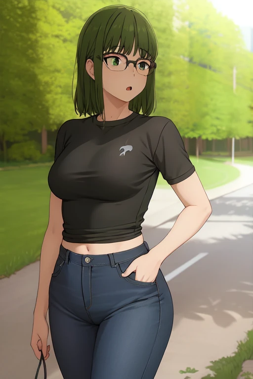 (((masterpiece,best quality))), outdoors, black shirt, jeans, KounoS, glasses, , cute , horny gym clothing