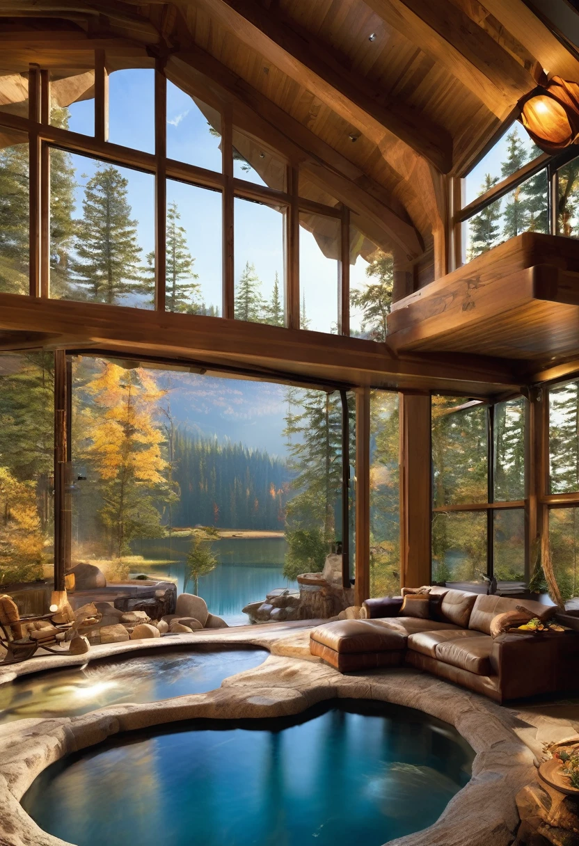 This image shows a stunning interior of what appears to be a luxury cabin or lodge. The most striking feature is a natural-looking stream or water feature that flows through the living space, entering through a large arched opening. The water cascades over rocks, creating a beautiful indoor waterfall effect.sun rays throu window fractal flowers
The room has a rustic yet elegant design, with exposed wooden beams, stone pillars, and large windows that offer a view of a snowy forest outside. There's a cozy seating area next to the water, with a comfortable-looking couch.
The space has two levels, with a balcony or loft area visible above. Warm lighting from various fixtures adds to the inviting atmosphere. The combination of natural elements like wood and stone with the flowing water creates a unique and harmonious indoor-outdoor living experience.
This design beautifully integrates nature into the living space, offering a serene and luxurious environment that seems perfect for relaxation and enjoying the surrounding wilderness.