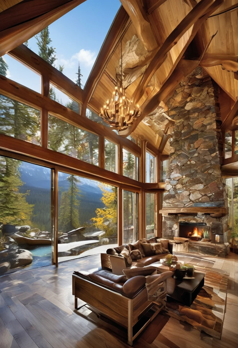 This image shows a stunning interior of what appears to be a luxury cabin or lodge. The most striking feature is a natural-looking stream or water feature that flows through the living space, entering through a large arched opening. The water cascades over rocks, creating a beautiful indoor waterfall effect.sun rays throu window fractal flowers
The room has a rustic yet elegant design, with exposed wooden beams, stone pillars, and large windows that offer a view of a snowy forest outside. There's a cozy seating area next to the water, with a comfortable-looking couch.
The space has two levels, with a balcony or loft area visible above. Warm lighting from various fixtures adds to the inviting atmosphere. The combination of natural elements like wood and stone with the flowing water creates a unique and harmonious indoor-outdoor living experience.
This design beautifully integrates nature into the living space, offering a serene and luxurious environment that seems perfect for relaxation and enjoying the surrounding wilderness.