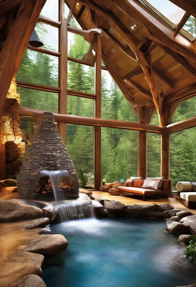 

This image shows a stunning interior of what appears to be a luxury cabin or lodge. The most striking feature is a natural-looking stream or water feature that flows through the living space, entering through a large arched opening. The water cascades over rocks, creating a beautiful indoor waterfall effect.sun rays throu window fractal flowers



The room has a rustic yet elegant design, with exposed wooden beams, stone pillars, and large windows that offer a view of a snowy forest outside. There's a cozy seating area next to the water, with a comfortable-looking couch.

The space has two levels, with a balcony or loft area visible above. Warm lighting from various fixtures adds to the inviting atmosphere. The combination of natural elements like wood and stone with the flowing water creates a unique and harmonious indoor-outdoor living experience.

This design beautifully integrates nature into the living space, offering a serene and luxurious environment that seems perfect for relaxation and enjoying the surrounding wilderness.