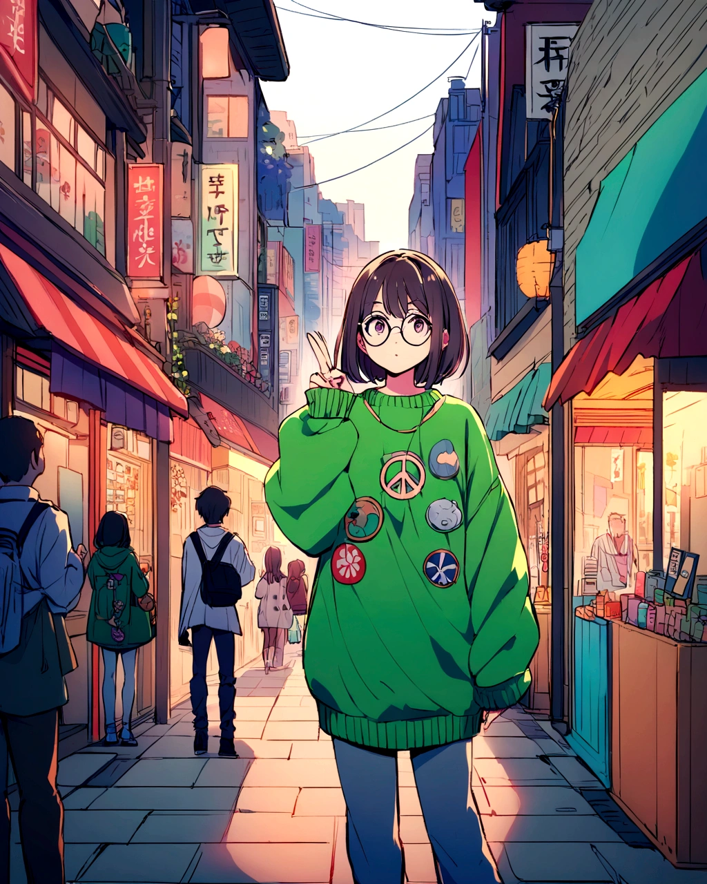 Create an anime-style illustration of a boy standing in a vibrant, bustling urban street. She has long, dark hair and wears round glasses. Her outfit includes a green oversized sweater with various patches and a casual sweater underneath. The boy is holding up a peace sign with her right hand and has a calm, slightly neutral expression. The background should depict a lively street scene with various signs in Japanese, colorful storefronts, and a generally busy atmosphere. Ensure the colors are vivid and the overall mood of the scene is energetic and lively.