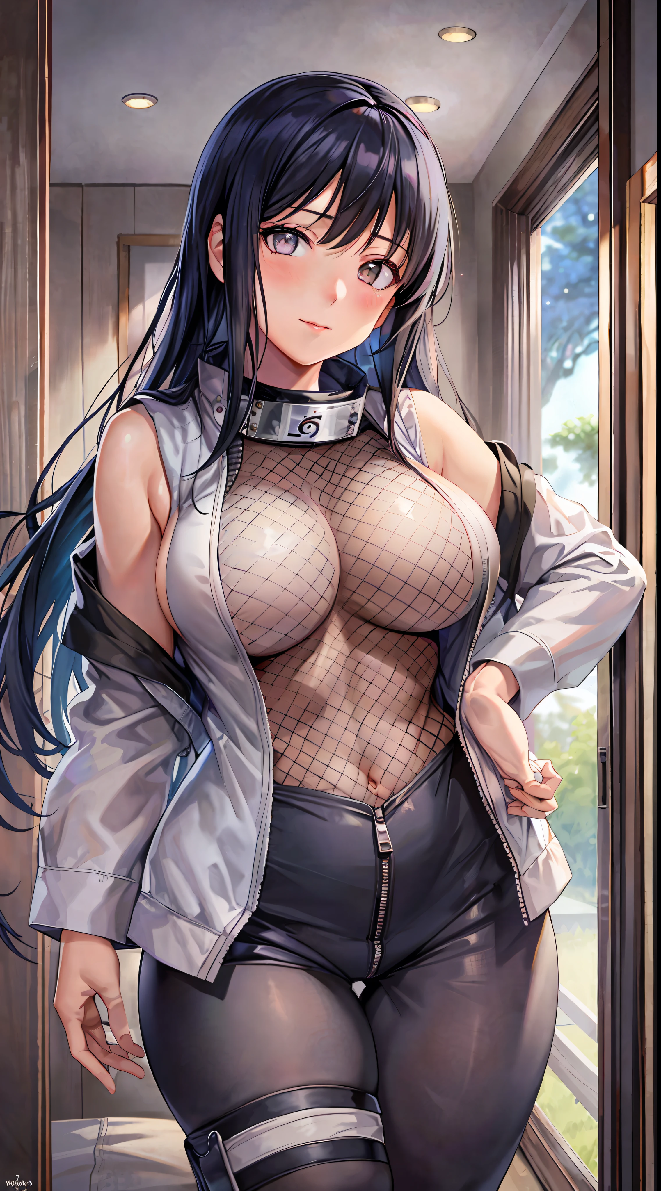 Masterpiece, highres, high Quality, detailed face, detailed body render, 1girl, solo, hyuuga hinata, hinata-sleeveless-outfit, large breasts, big breast, sleeveless shirt, fishnet top, dark lips, unzipped jacket, no bra, breasts out, nipple, standing, blushes, (on bedroom)