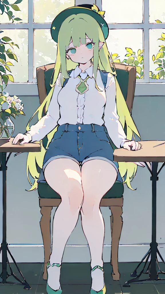 (flat:1.5),(cafe, window, sunlight, table, chair, sedentary:1.5) (BIG ASS, thick thighs:0.7), (warm light source:1.2), intricate details, volumetric lighting, Realism BREAK(masterpiece:1.2), (top quality), 4K, ultra detail, (Dynamic configuration:1.4), Very detailed and colorful details,(rainbow colors:1.2), (shining lights, atmospheric lighting), dreamy, magical, (alone:1.2), intricate details, cheeky expression, (big breasts:1.5), (green eyes:1.5), (a devastated expression, dead eyes, dark atmosphere:1.5), (Green long hair:1.5), (shoes, buttoned dress shirt, Small hat,Small and tight denim shorts:1.5), (chubby), (beautiful eyes, flushing:1.5),(human ear,thin legs:1.5),(chair에 sedentary, diagonal shot:1.5), (embarrassing:1.5),(diagonal shot:1.5)