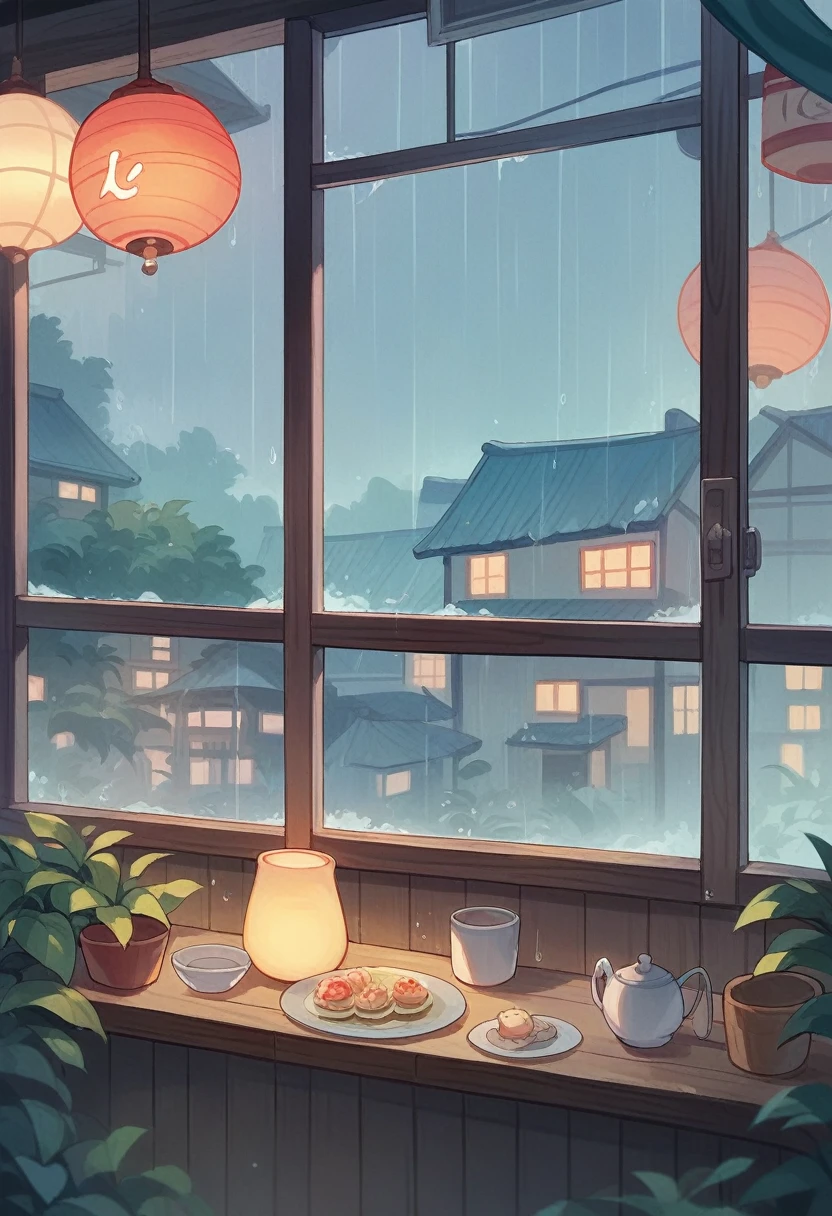 night、Scene of a cafe with rain falling outside the window, A girl is playing the guitar at a window seat、 The warm light and calm expression are impressive., Japanese anime style