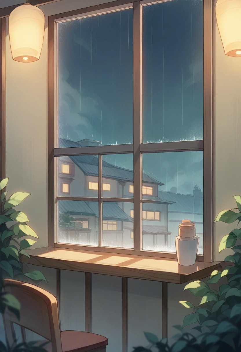 night、Scene of a cafe with rain falling outside the window, A girl is playing the guitar at a window seat、 The warm light and calm expression are impressive., Japanese anime style