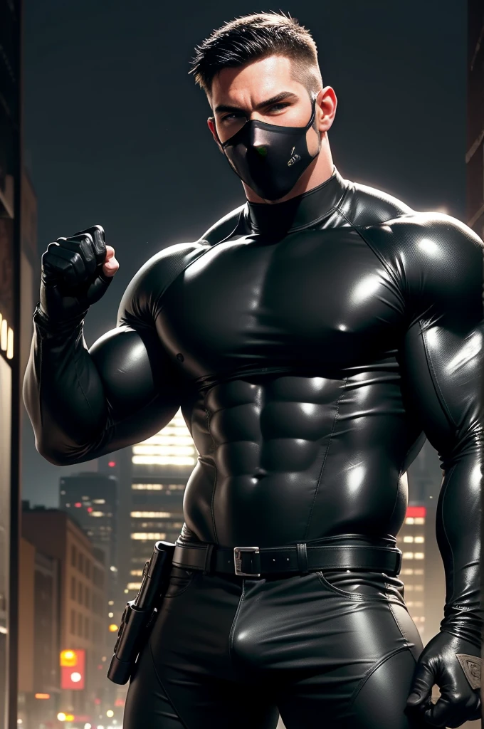 ((realistic: 1.5)),((best quality)), ((masterpiece)),((detailed)), male ninja, Vigilante, Caucasian American, handsome, photorealistic face,short hair, attack position, ninja vigilante tactical superhero outfit, katana on the back,wearing shiny black rubber suit, leather gloves,crop top shirt, abdominal muscles visible,chest visible, just outside of the city with evening cityscape in the background, huge biceps, huge muscles, muscular big body, wearing tight black rubber pants, no belt