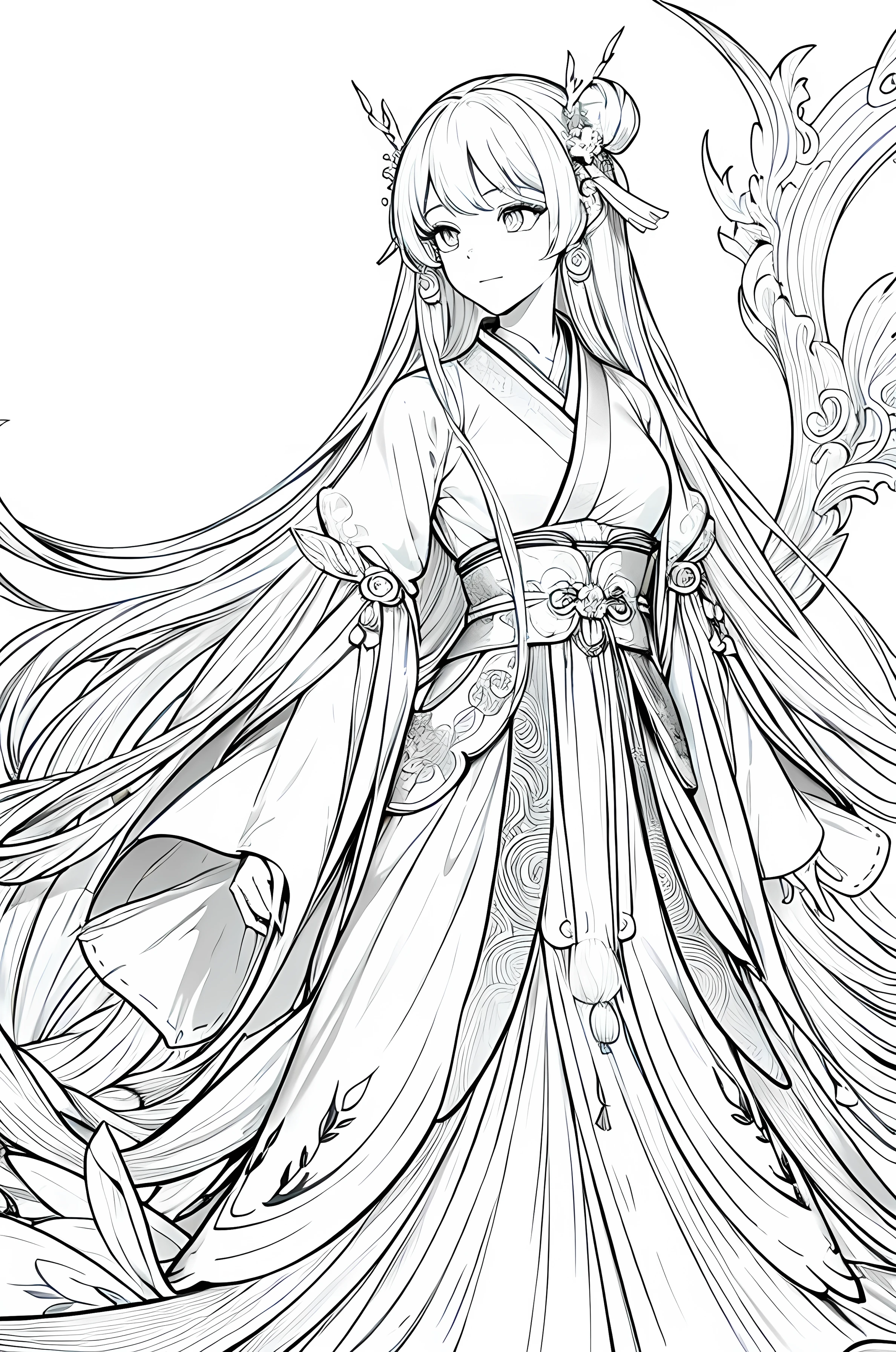 Masterpiece artwork, Acura, faerie, standing alone, Hanfu, long hair, perfil close-up, White background, monocromatic, line drawing, ((sketchfab))Masterpiece artwork, best qualityer, Monochromatic Magical Adventures, In the sky, high res. Righ quality, happy