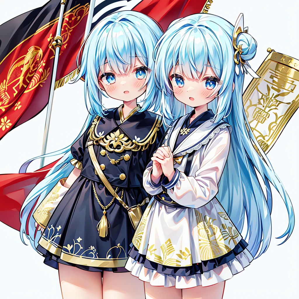 1girl、Dynamic composition、marching band、(((Masterpiece、Highest quality、Official Art、Super detailed、Handsome face、Dynamic composition)))、Anime Style、(Milky white and blue hair:1.3),(blue eyes:1.4),(Bright colors:1.4),((麻の葉background:1.3)),, marching bandのユニフォームを着たクールな女の子, marching bandの帽子、mini skirt, Frills, Black and white with gold embroidered flag held in both hands,（background:Large red flag on the back with gold floral embroidery, Note, )、Huge Flag、