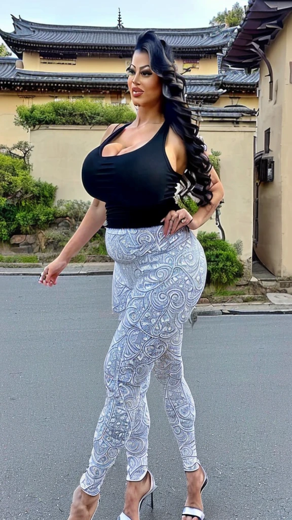 a Romanian widow, (((she is a whore), (she is 49 years old, she has an intimidating elongated and thick towering body), (she is plump), (she has huge widened and thick thighs), (she has very thick and elongated heavy and prominent wide breasts), (she has very long legs), (she has a huge fat wide heavy thick completely round ass), (she has large wide hips), (she has a narrow waist) , (she has a very curvaceous figure), (she is very tall), (she has elongated body proportions with quite a bit of space between them), (she has long, wavy black hair with highlights and fringed ends, she has a little of abdominal fat of age))), (((she wears white leggings that mark and adjust her butt, a provocatively low-cut and revealing tank top that marks and bulges her breasts, open-toed heels without loops on the ankles))), (((she is on the street posing like a horny little slut, full body, seen from the side, in a Japanese neighborhood in the afternoon))), (((intricate details, hyper detailed, intricate hyper detailed face, intricate hyper body detailed, intricate hyper detailed facial features, intricate hyper detailed body features, 8k, hdr, masterpiece, hyperrealistic))), she has massive breast implants, she has massive implants of her own fat in her ass