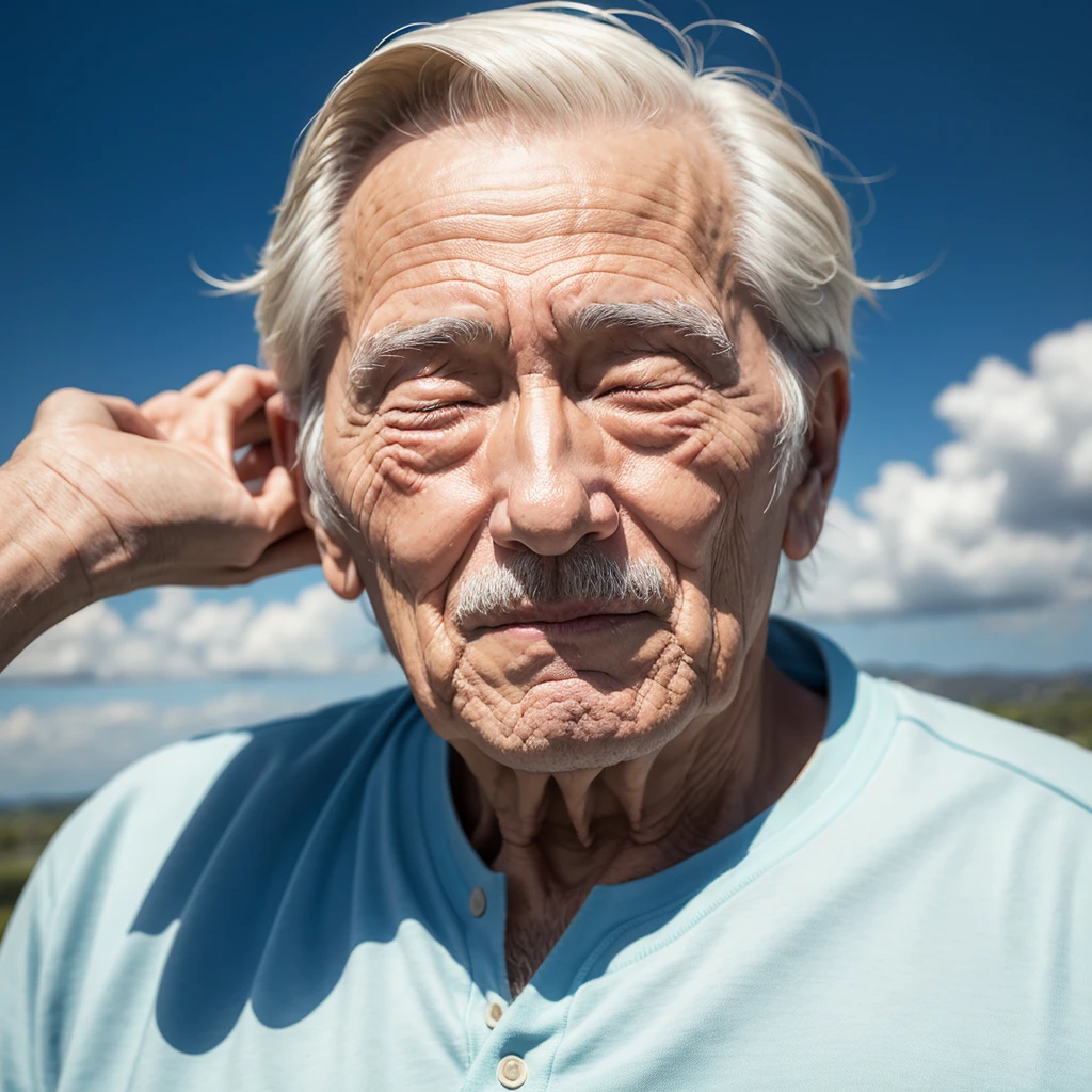 Create an 80 year old man, he expresses gratitude with his eyes closed, Looking at the sky. He is far away.