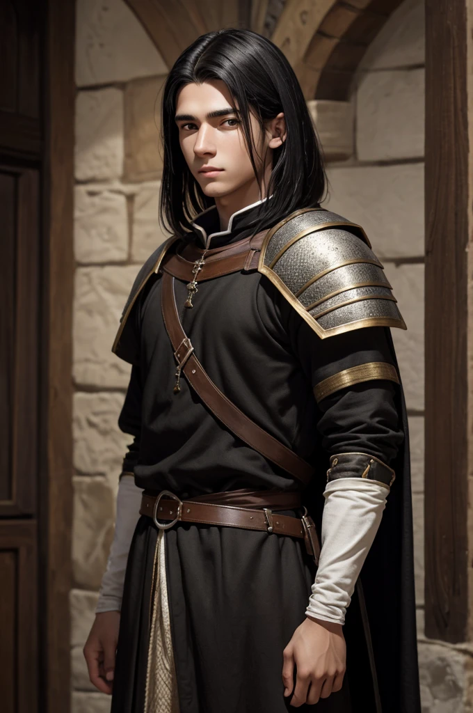 18 year old young man, medieval clothing, old clothes. black hair, black eyes, white skin, realistic skin, standing pose, portrait, realistic skin, 4k, beatifull face, short and straight hair