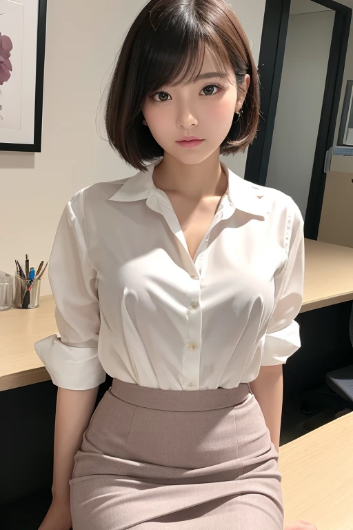 (1 person、alone), (Highest quality、masterpiece)、(8K, High resolution), High resolution, (Realistic)、The face is in focus、Symmetrical eyes、Beautiful Skin、Natural Makeup、Gloss Lip, High resolutionヘア、Japanese women、office lady、19 years old, Anatomically correct, very cute, (White collarless blouse, suit、Pencil Skirt), (Embarrassing, shy:1.3), (blush)、office, (short hair), (Multiple Angles), (Small breasts, Erect nipples), Sitting