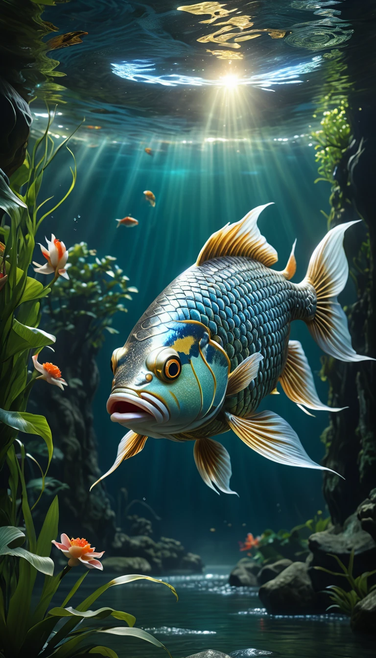 Mythical creatures in Shan Hai Jing,A fish with a human head swimming in the river,Highly detailed,4K,8K,high resolution,masterpiece,Ultra Detailed,lifelike,Photo Realism,照片lifelike,Extremely detailed animals,Complex patterns,The Illumination of Reality,Fantasy creature composition