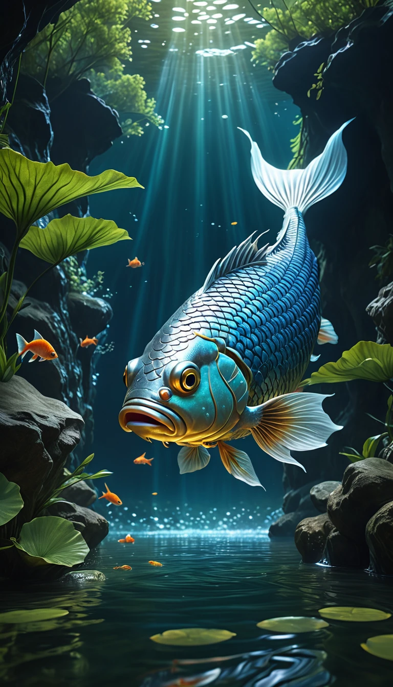 Mythical creatures in Shan Hai Jing，A fish with a human head swimming in the river，Highly detailed，4K，8K，high resolution，masterpiece，Ultra Detailed，lifelike，Photo Realism，照片lifelike，Extremely detailed animals，Complex patterns，The Illumination of Reality，Fantasy creature composition