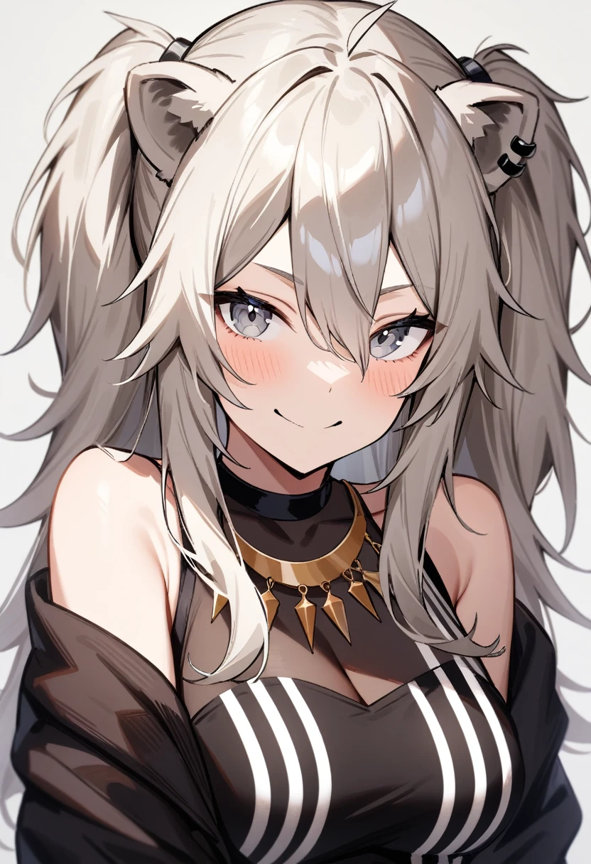 masterpiece, best quality, very aesthetic, absurdres, 1girl, shishiro botan, hololive, looking at viewer, upper body, two side up, messy hair, bangs, eyebrows, grey eyes, lion ears, breasts, smile, simple background