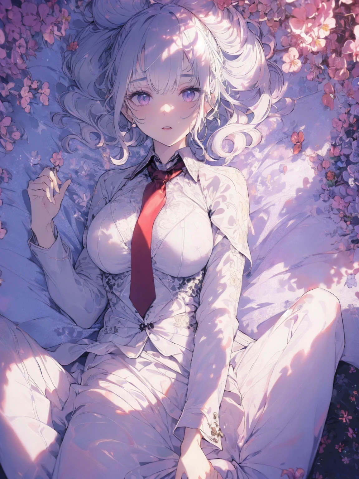 (suits and necktie photo:1.1, in white garden:1.5), Masterpiece, best quality, (very detailed CG unity 8k wallpaper), (best quality), High definition RAW color art, Animation,sculptures, (pink Marble Skin), (((Ultra detailed elegant))), Magical atmosphere, Detailed skin, Texture,(Intricately detailed, Fine detail, ultra-detail art), depth of fields, bokeh, Silky Touch, Hyper Detail, beautiful eyes, Elegant Face, (lying on the bed), sparkle background, enormous breast:1.3, witchcraft outfit, (silver hair), pastel purple,, muscle, embarrassing red face, wide open udder, twintail