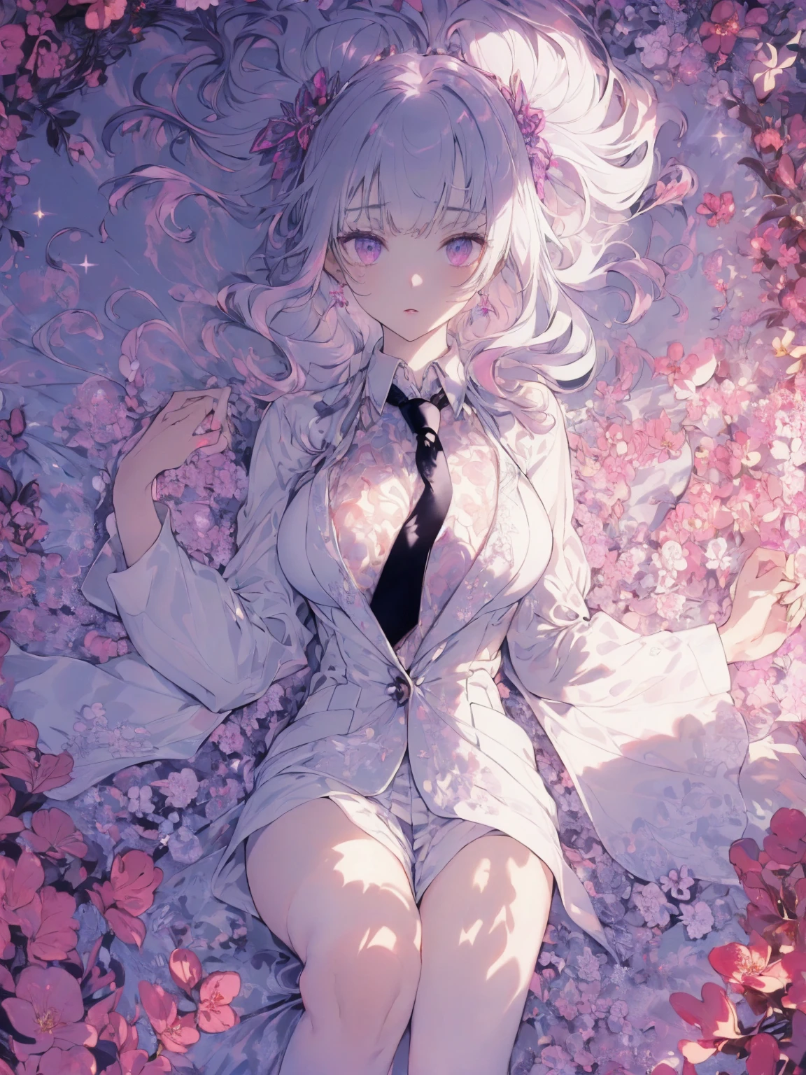 (suits and necktie photo:1.1, in white garden:1.5), Masterpiece, best quality, (very detailed CG unity 8k wallpaper), (best quality), High definition RAW color art, Animation,sculptures, (pink Marble Skin), (((Ultra detailed elegant))), Magical atmosphere, Detailed skin, Texture,(Intricately detailed, Fine detail, ultra-detail art), depth of fields, bokeh, Silky Touch, Hyper Detail, beautiful eyes, Elegant Face, (lying on the bed), sparkle background, enormous breast:1.3, witchcraft outfit, (silver hair), pastel purple,, muscle, embarrassing red face, wide open udder, twintail