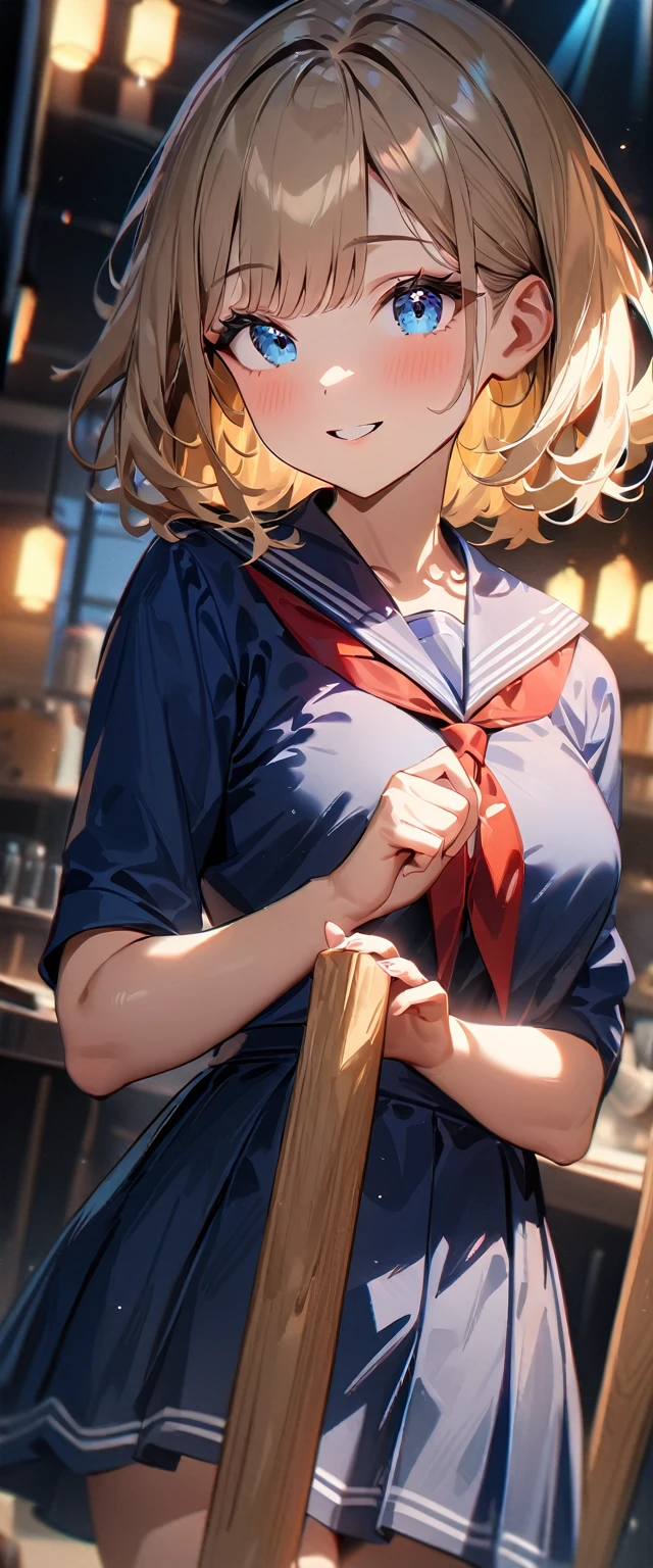 (((One girl))), ((beach)), noon, blond hair, Wavy Hair, bob cut, breasts, from front, (cowboy shot), standard body, (looking at viewer), ((dark blue serafuku out of skirt)), dark blue skirt, ((red ribbon)), ((sunglasses)), hand to sunglasses, teenager, head tilt:1.3, (((blue eye))), ((happy smile)), anime style, (best quality, 4k, 8k, highres, masterpiece:1.2, ultra-detailed, ultra-detailed eyes, HDR, UHD, studio lighting, ultra-fine painting, sharp focus, physically-based rendering, extreme detail description, professional, vivid colors, bokeh), ((Highest quality, Best image quality, Ultra-high resolution, Ultra-high resolution, solo, Strong eye highlights)), Depth of written boundary, Natural soft light, attractive, Beautiful Face, Cleanliness, Pure Face, nedium chest, Beautiful Face, Perfect Fingers, Perfect hands, Perfect body, Perfect Face, Shine a light into your eyes, Perfect Anatomy