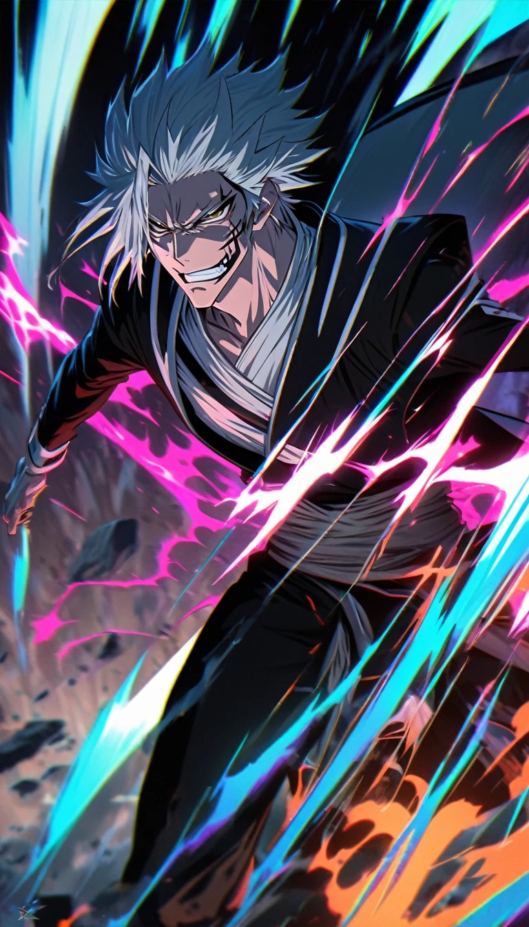 Sosuke Aizen from Bleach Anime, Ultradetailed sharp looks, attitude on face, High-resolution, Fluorescence, Dynamic background --ar 9:16 --s 1000
