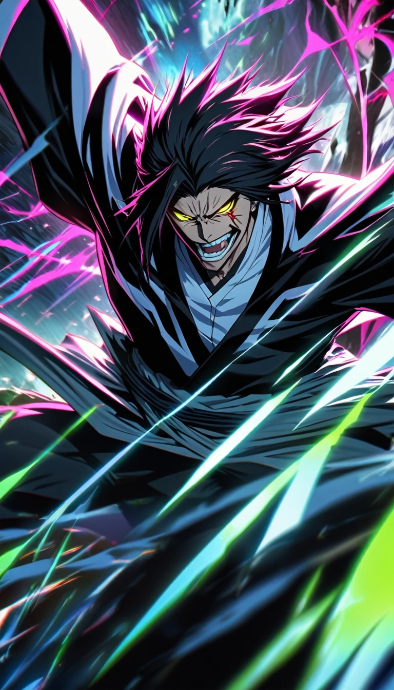 Sosuke Aizen from Bleach Anime, Ultradetailed sharp looks, attitude on face, High-resolution, Fluorescence, Dynamic background --ar 9:16 --s 1000