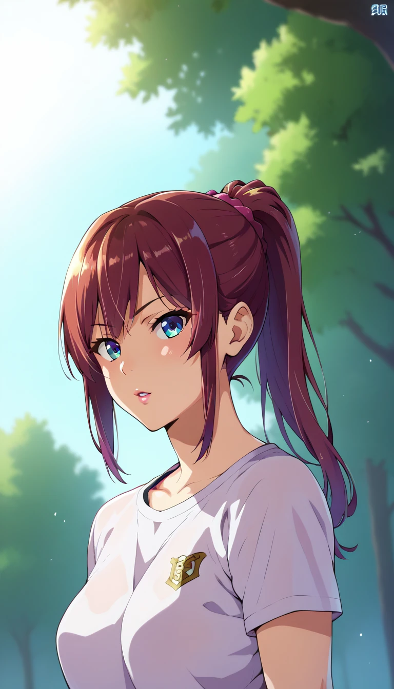 (masterpiece, best quality, ultra-detailed, high resolution, detailed eyes), takeda hiromitsu style, 1 girl, solo, cowboy shot, ponytail