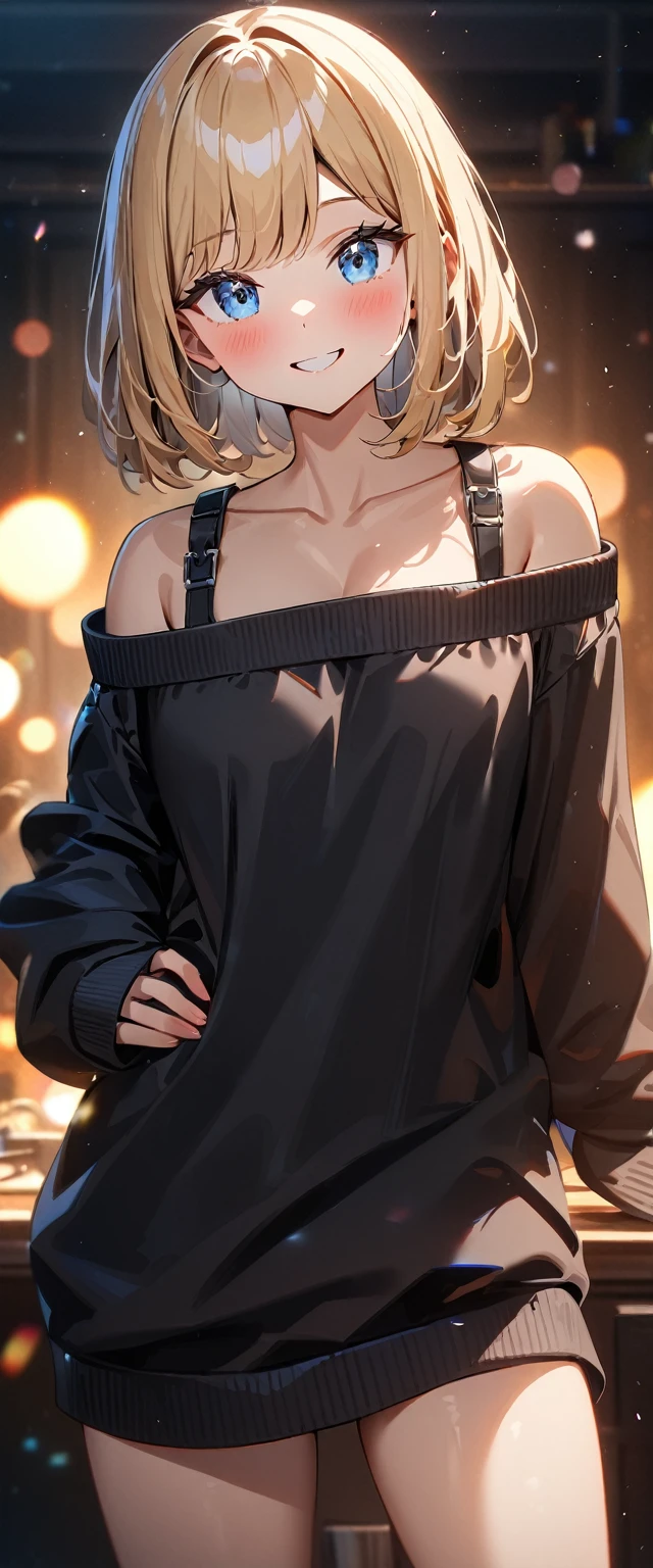 (((One girl))), blond hair, bob cut, (cowboy shot), (looking at viewer), ((black sweater:1.3、Quite thick shoulder straps、sleeves past wrists)), (((off-shoulder, open collar, no collar, oversized))), face in focus, ager, head tilt:1.3, (((blue eye))), ((happy smile)), ((blush)), contrapposto, one hand on hip, black panties, anime style, (best quality, 4k, 8k, highres, masterpiece:1.2, ultra-detailed, ultra-detailed eyes, HDR, UHD, studio lighting, ultra-fine painting, sharp focus, physically-based rendering, extreme detail description, professional, vivid colors, bokeh)