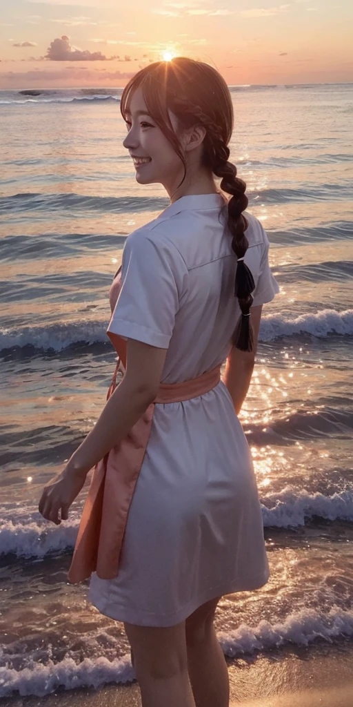 1girl, solo,smile, beach,(sunset:1.1),  akagi_rin(denchi-project), solo,  star hair ornament, twin braids,sparkle, from behind, looking back, huge sunset,red floating, uniform, night, waving, sea