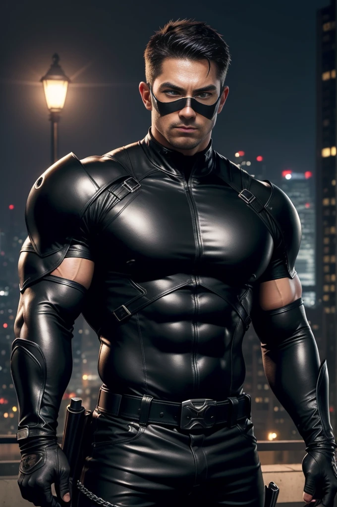 ((realistic: 1.5)),((best quality)), ((masterpiece)),((detailed)), male ninja, Vigilante, Caucasian American, handsome, photorealistic face,short hair, attack position, ninja vigilante tactical superhero outfit, katana on the back,wearing shiny black rubber suit, leather gloves,crop top shirt, abdominal muscles visible,chest visible, just outside of the city with evening cityscape in the background, huge biceps, huge muscles, muscular big body, wearing tight black rubber pants, no belt