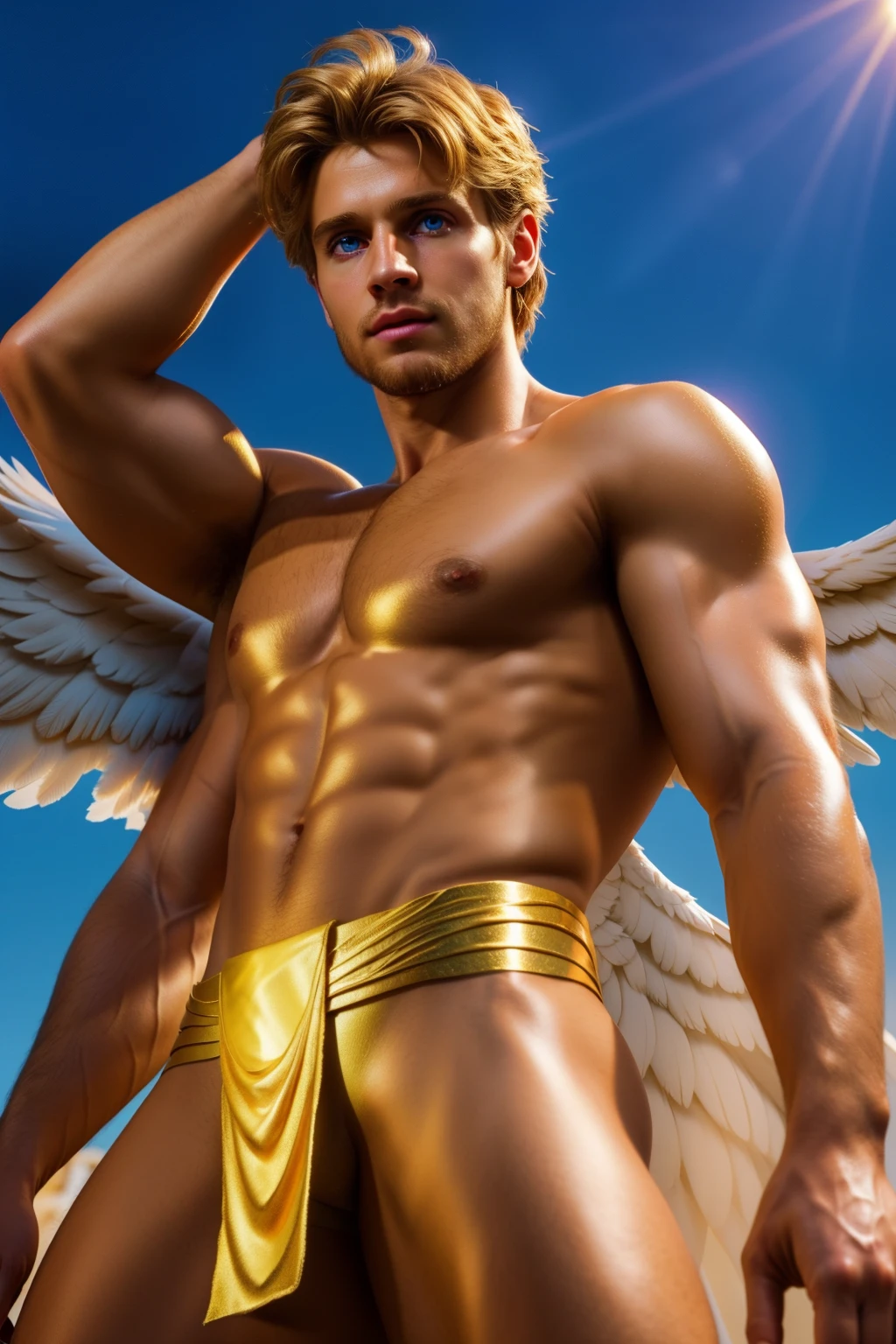 looking into camera, best quality, masterpiece, upper body, bright highlights, (extremely detailed CG unity 8k wallpaper), handsome young man, angelic wings, halo, (male, man), messy hair, short hair, serious, dramatic pose, cinematic lighting, photorealistic, dynamic pose, sharp-focus, 80s fantasy art, (photorealistic:1.4), (masterpiece, finely detailed beautiful eyes: 1.2), masterpiece*portrait, realistic, 3d face, glowing eyes, blonde hair, golden Loincloth