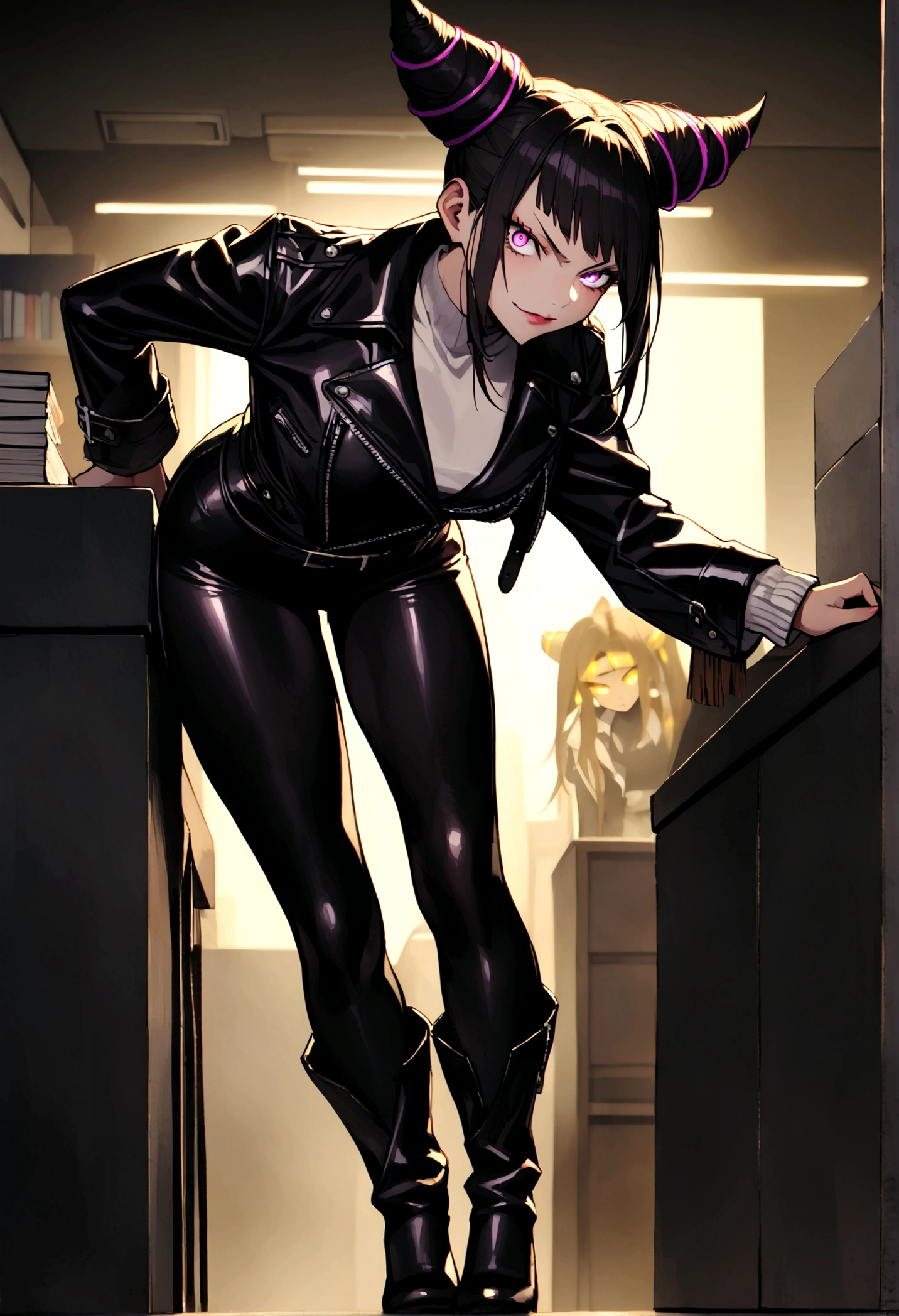 juri han,standing backwards para o espectador,beautiful young warrior , with a very detailed and beautiful face, beautifuleyes, beautifuleyes, gorgeous face, glowing purple eyes,beautiful young woman wearing long black leggings with black details, usando leather jacket preta, Standing in an office, wearing black boots, horn hair, with black fringe, , evil smile ,white sweater with strap around, serious look,usando leather jacket preto, leather jacket,standing backwards,yellow lighting, evil smile,leggings,standing backwards para o espectador