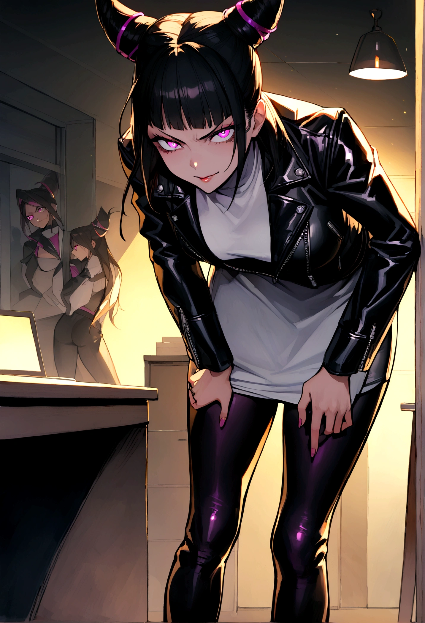 juri han,standing backwards para o espectador,beautiful young warrior , with a very detailed and beautiful face, beautifuleyes, beautifuleyes, gorgeous face, glowing purple eyes,beautiful young woman wearing long black leggings with black details, usando leather jacket preta, Standing in an office, wearing black boots, horn hair, with black fringe, , evil smile ,white sweater with strap around, serious look,usando leather jacket preto, leather jacket,standing backwards,yellow lighting, evil smile,leggings,standing backwards para o espectador
