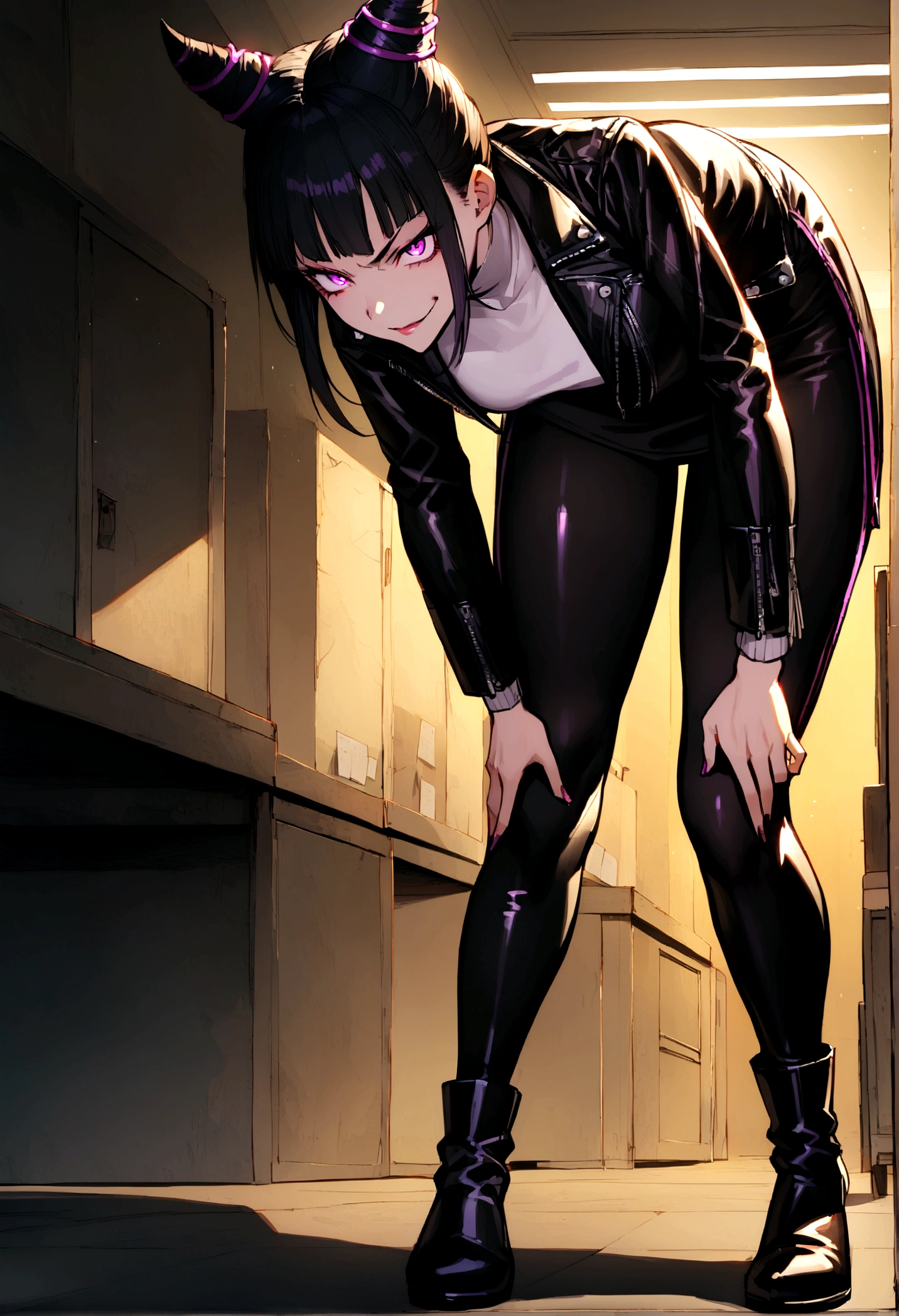 juri han,standing backwards para o espectador,beautiful young warrior , with a very detailed and beautiful face, beautifuleyes, beautifuleyes, gorgeous face, glowing purple eyes,beautiful young woman wearing long black leggings with black details, usando leather jacket preta, Standing in an office, wearing black boots, horn hair, with black fringe, , evil smile ,white sweater with strap around, serious look,usando leather jacket preto, leather jacket,standing backwards,yellow lighting, evil smile,leggings,standing backwards para o espectador