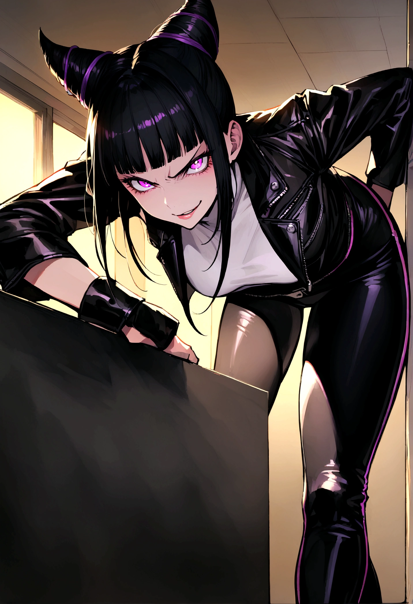 juri han,standing backwards para o espectador,beautiful young warrior , with a very detailed and beautiful face, beautifuleyes, beautifuleyes, gorgeous face, glowing purple eyes,beautiful young woman wearing long black leggings with black details, usando leather jacket preta, Standing in an office, wearing black boots, horn hair, with black fringe, , evil smile ,white sweater with strap around, serious look,usando leather jacket preto, leather jacket,standing backwards,yellow lighting, evil smile,leggings,standing backwards para o espectador
