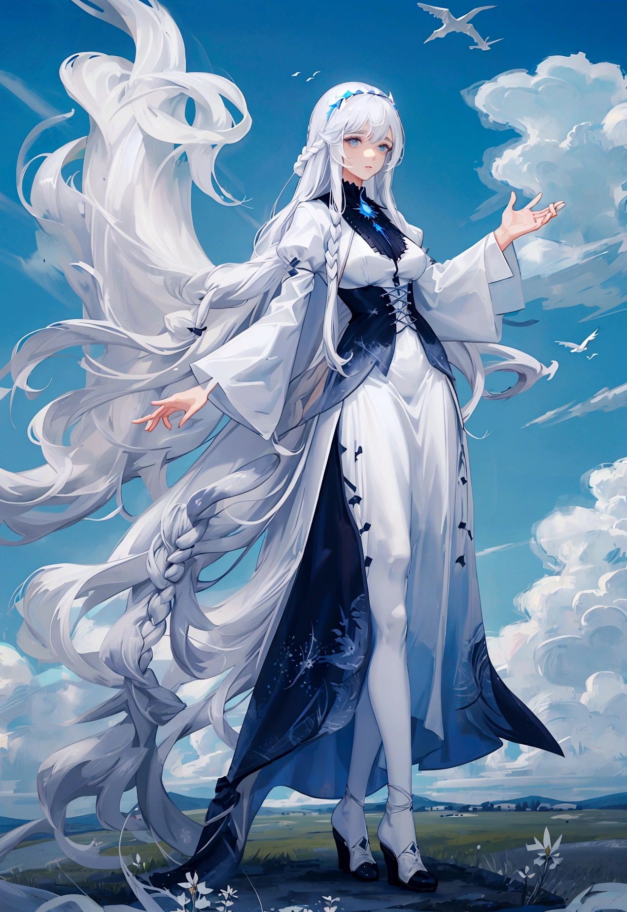 Character (adult woman) (white long hair) (white seer-style clothing) (character in dynamic pose) (full body) (smooth color blend) (cloudy sky background) (in the middle of meadow)