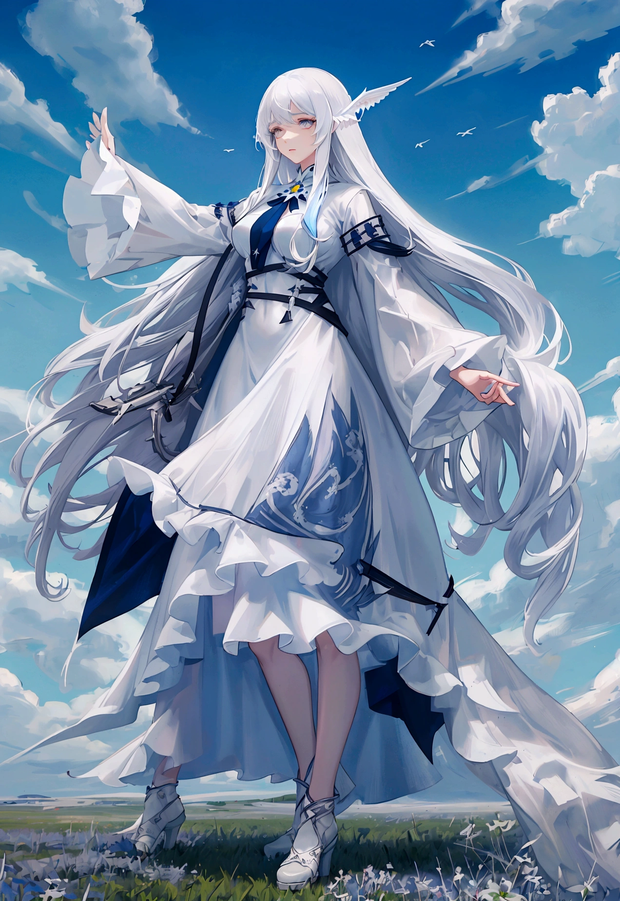Character (adult woman) (white long hair) (white seer-style clothing) (character in dynamic pose) (full body) (smooth color blend) (cloudy sky background) (in the middle of meadow)