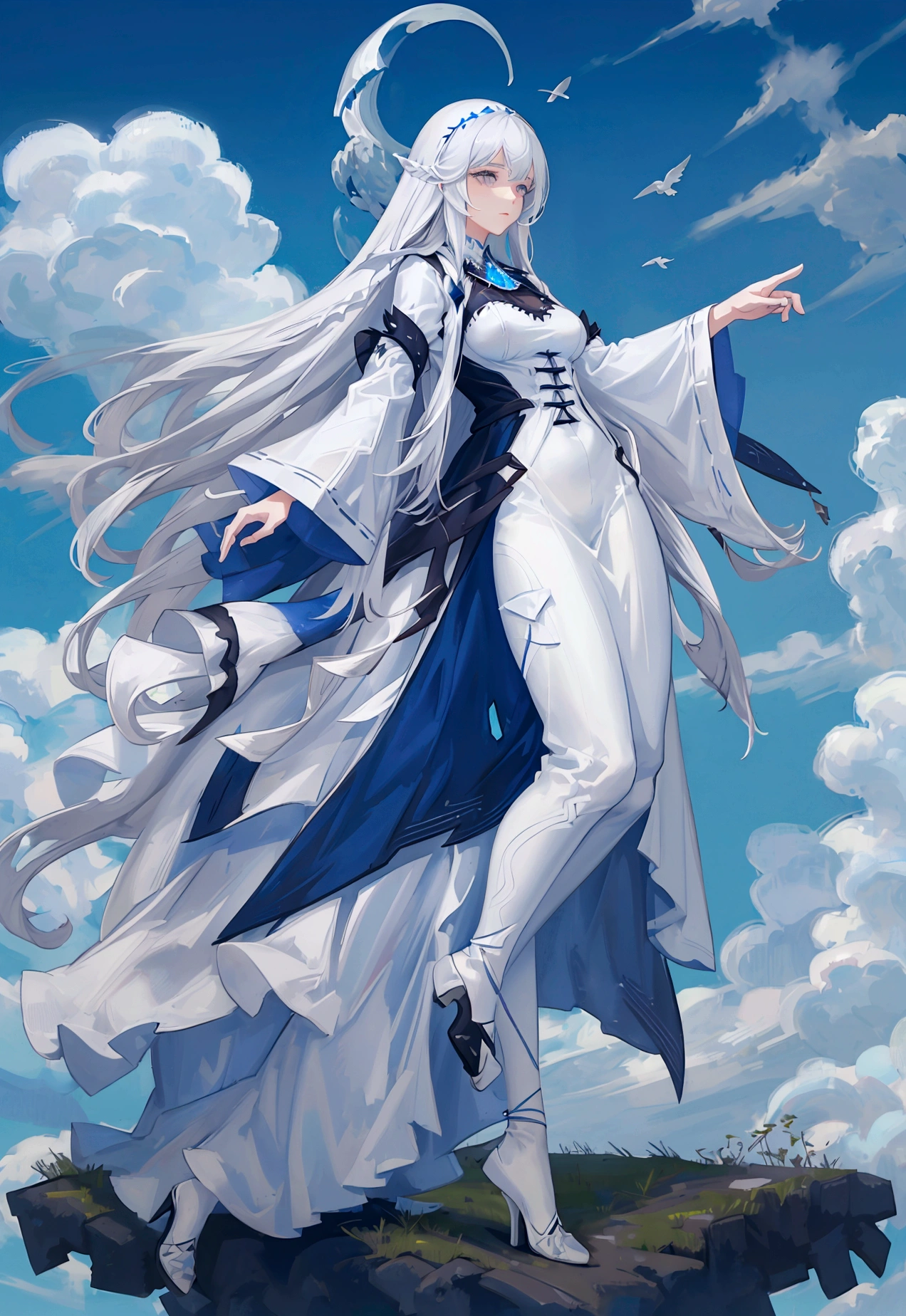 Character (adult woman) (white long hair) (white seer-style clothing) (character in dynamic pose) (full body) (smooth color blend) (cloudy sky background) (in the middle of meadow)