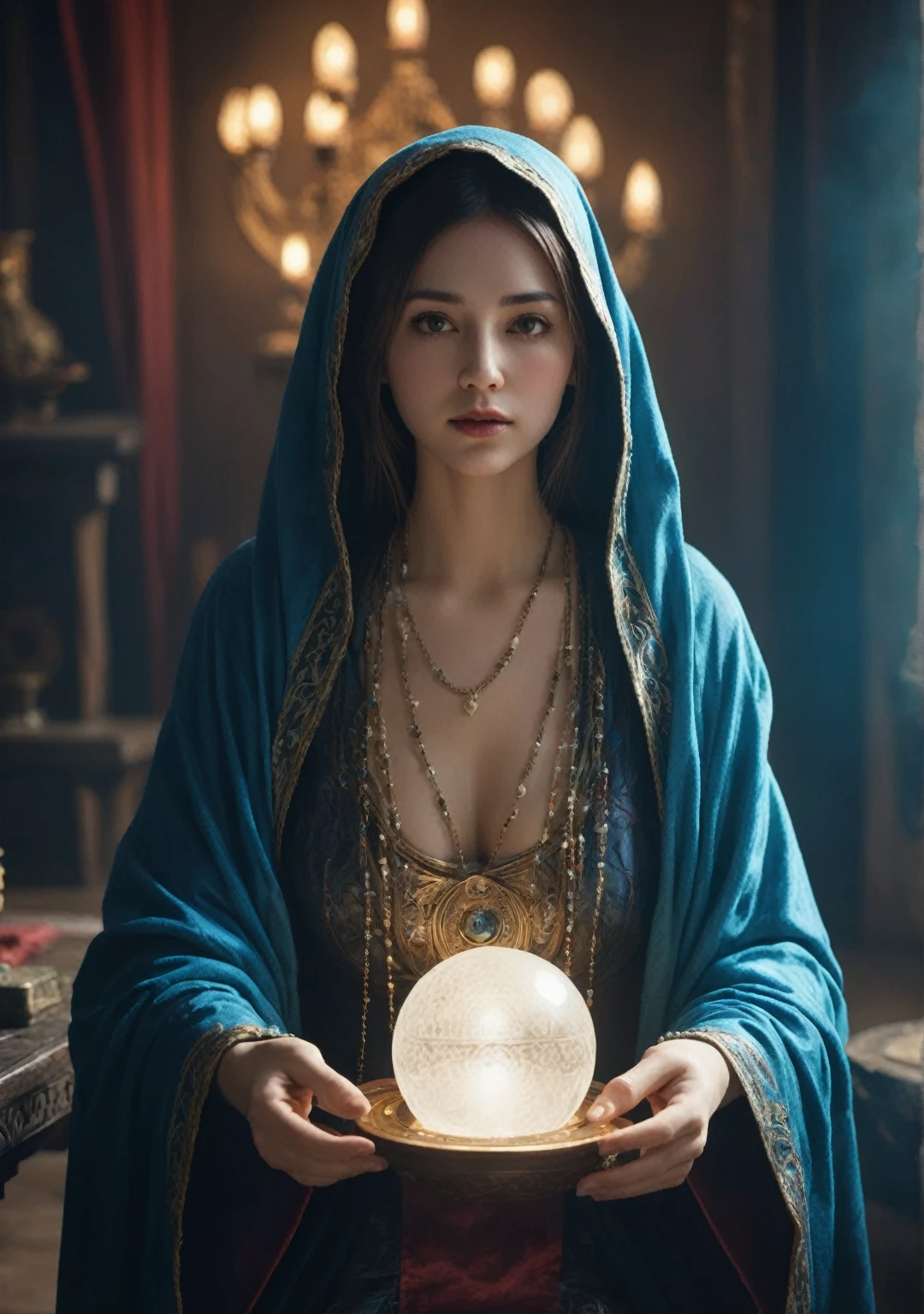 Body Orientation: front.Female fortune teller. Big Breasts. Charm, Beautiful and mysterious. She is wearing a blue cape、It has distinctive features. The atmosphere is bright and shining, Filled with anxiety and anticipation. The fortune teller is standing there. Body facing forward. He is looking at you. He has a crystal ball in his right hand.. The lighting in the room is bright, casting a magical ambiance. Best image quality, 4K or 8K resolution. The level of detail is very fine、It's real, Close to photorealism. Artistic style is、It should reflect the official aesthetic with bright colors and strong contrast.. The color palette should emphasize the mysterious and mystical theme of the piece.. The fortune teller's cloak is decorated with a 1:1 metal trim..5. Complex Design. The overall atmosphere is magical, Like a starry sky. The fortune teller's facial expression should arouse mystical interest..Light background