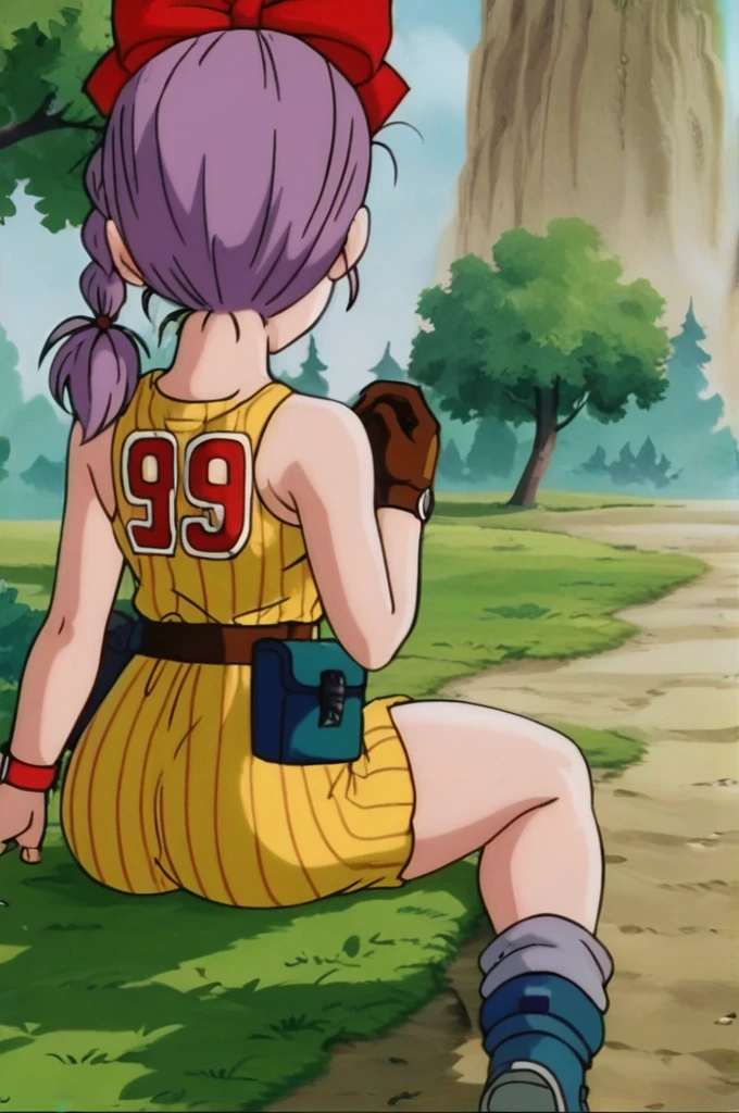 source_anime, score_9, score_8_up, score_7_up, anime screencap,
bulma, 1girl, number, solo, gloves, sitting, purple hair, hair bow, boots, outdoors, sky, sneakers, day, belt, from behind, red bow, tree, wariza, nature, clothes writing, brown gloves, single glove, watch, braided ponytail, sportswear, wristwatch, vertical-striped dress, fanny pack, big ass, thick thighs, small breasts, 
 