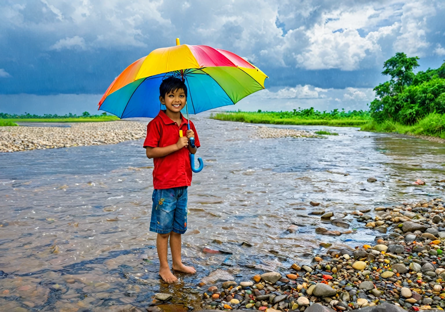kid standing in river shore, in rain , colorful umbrella , blue sky in background