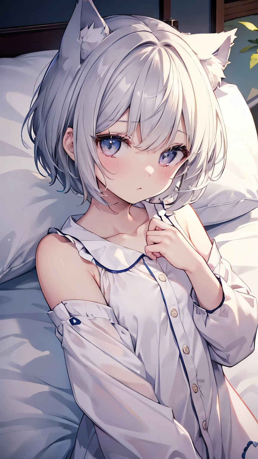 short hair,Short Hair,Straight Hair、Gray Hair、Twinkling eyes、Amber Eyes、Cat ear、White cat,Embarrassing,Lying in bed,small胸、shine、reflected light、Film Grain、masterpiece、Textured skin、Super Detail、High Detail、high quality、最high quality、High resolution、16K、shine,Mokomoko pajamas,(small,Young,Lori),Sweat,first round