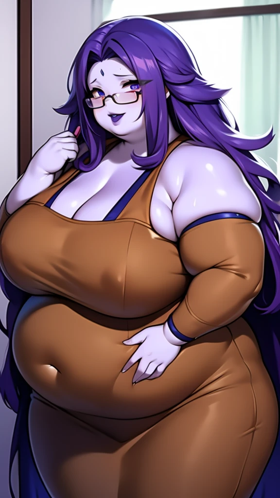 Anime Women, Lady、Forehead、Afro、Curly hair、Purple Hair、Glasses、Sharp eyes、Purple lips、Cobalt blue body、Cobalt blue skin、Are fat、Chubby、Sensual、obesity、Double chin、Fatty neck、Big Breasts、Saggy breasts、Thick upper arms、Thick arms、thick fingers、Fat belly、Flabby belly、Thick legs、Big Ass、Brown clothes、Brown Dress、Sweaty、Embarrassing、stick out the belly