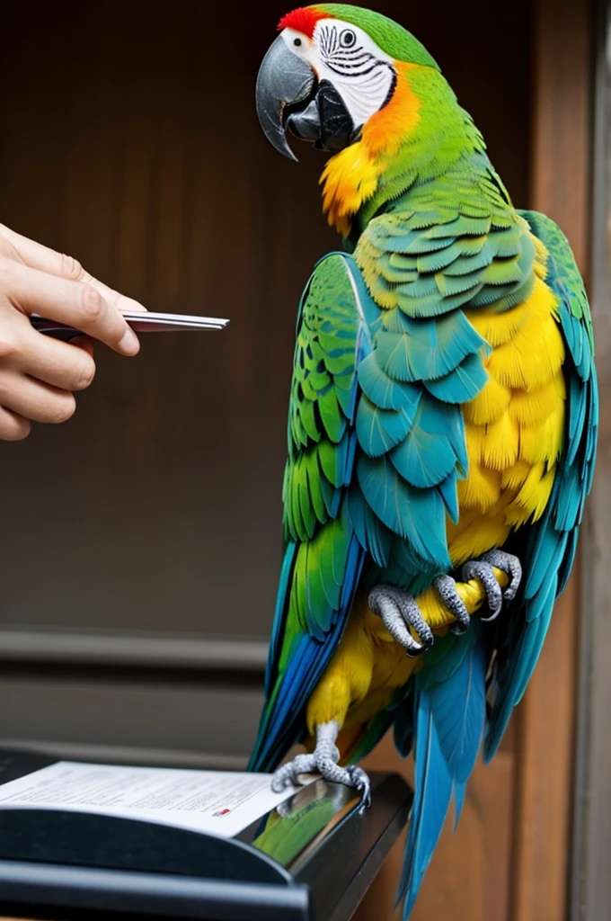 A parrot saying please hand in your June report.