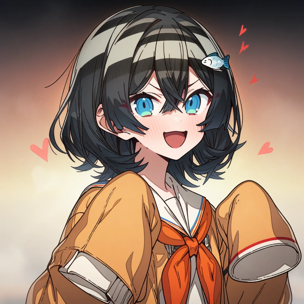 1girl, erere, absurdres, official art, absurdres, :d, :), black hair, blue eyes, blush, fish hair ornament, gradient background, hair between eyes, hair ornament, heart, looking at viewer, neckerchief, open mouth, orange neckerchief, short hair, sleeves past fingers, sleeves past wrists, smile, twitter username, v-shaped eyebrows, virtual youtuber, ((very aesthetic, best quality, ultra detailed))
