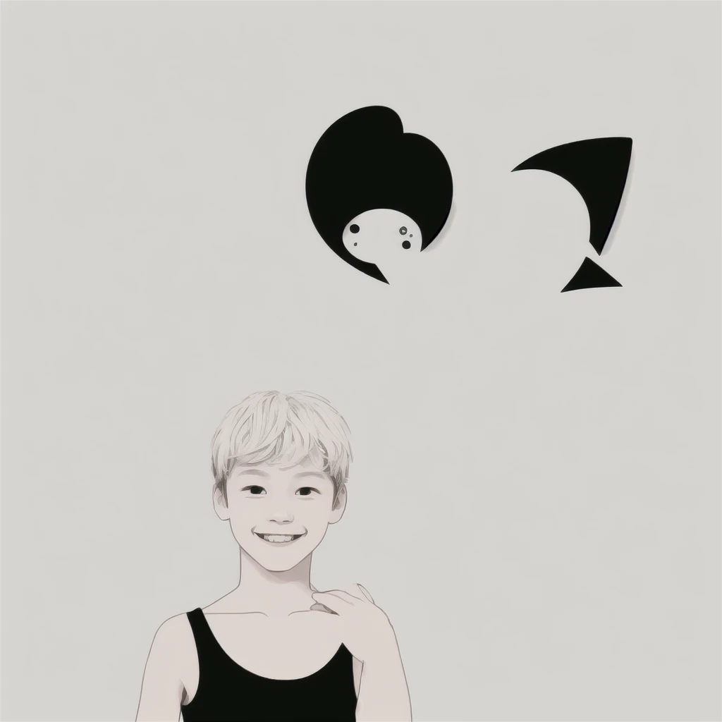 1 boy , smile, upper body portrait, black dress ,
Simple line, abstract , cute, simple , vector art , round eyes, black and white
