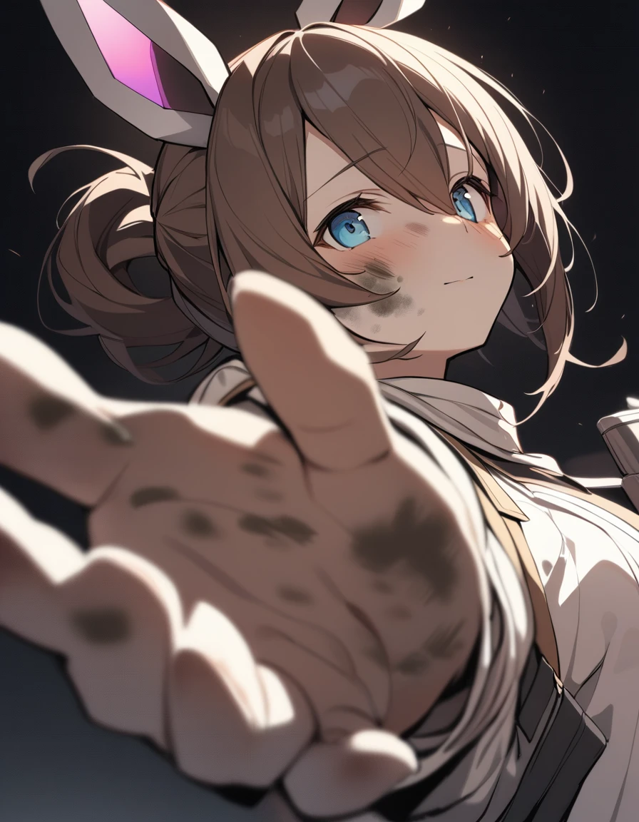 1 Girl, Amiya \(Ark of Tomorrow\), Ark of Tomorrow, Dirty face, Outstretched Hand, close up, angle, shorten, dark, dark background, masterpiece, best quality