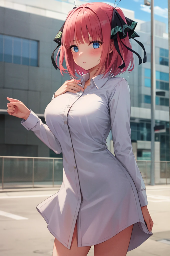 masterpiece, Highest quality, High resolution, hmhy1, One Girl, Hair Ribbon, short hair,Cowboy Shot, High contrast shiny oily skin,, Huge long breasts, Naughty big、Big breasts are important、H Cup、alone、Looking at the audience,masterpiece, Highest quality, High resolution,One girl,short hair, face,shirt, Long sleeve, white shirt,Pink Panties,collared shirt, Sleeves are longer than the wrist, dress shirt,Embarrassing,blush