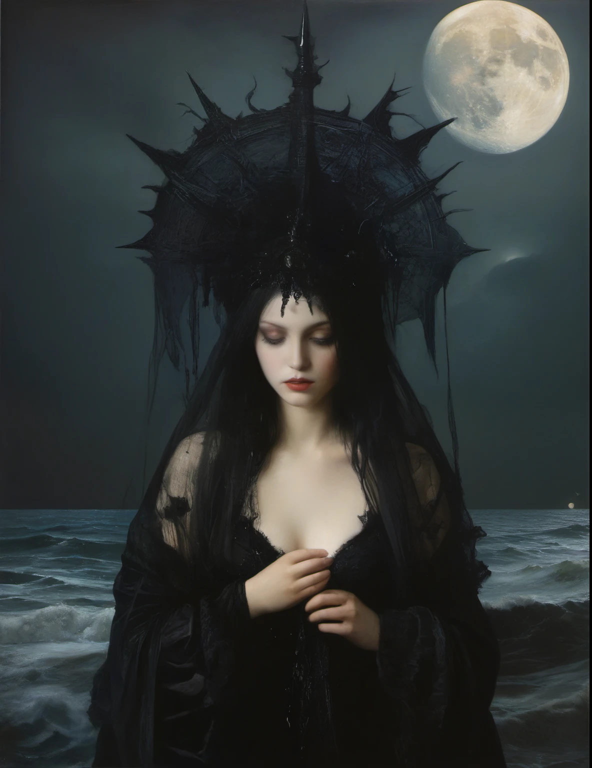 James Gurney, Surrealist art , dream-like, mysterious, Provocative, symbolic, Complex, detailed,, (Gothic but very beautiful:1.4), (masterpiece, Highest quality:1.4) , Nicola Samori Style, moon、Ocean、witch