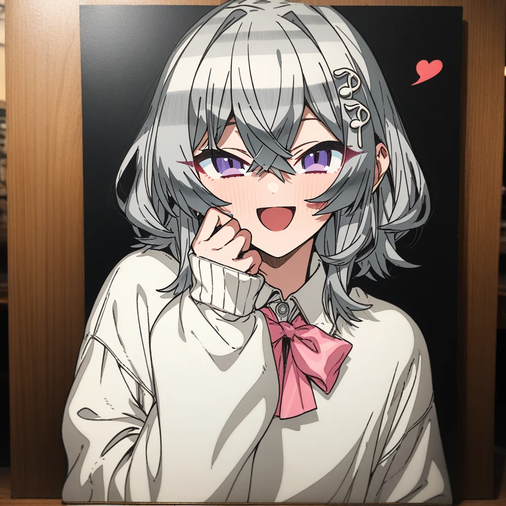 1girl, erere, absurdres, official art, absurdres, :d, blush, bow, collared shirt, dated, hair between eyes, hair ornament, hand up, heart, long sleeves, looking at viewer, musical note, musical note hair ornament, pink bow, puffy long sleeves, puffy sleeves, purple eyes, shirt, signature, sleeves past wrists, smile, solo, sweater, treble clef, upper body, white hair, white shirt, white sweater, commentary request, highres, photo (medium), traditional media, ((very aesthetic, best quality, ultra detailed))